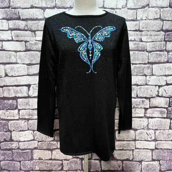 Bob Mackie Black, Silver & Turquoise Round Neck Sweater Size M - Picture 1 of 9